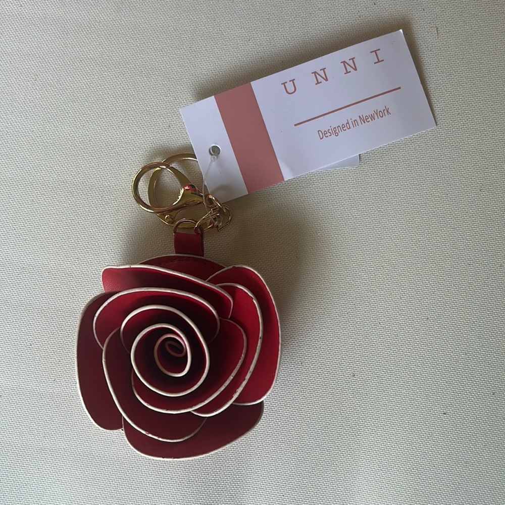 Camellia Flower Leather Like*Red & White Tipped*Bag Charm Key Chain*PRETTY
